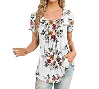 Keepink Tunic Tops for Women UK Dressy Casual Short Sleeve Shirts Boho Floral Loose T-Shirt Elegant Front Pleated Blouse Square Neck Summer Tees Ladies Longline Top Going Out Outfits