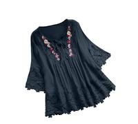 Keepink Tunic Tops for Women UK Plus Size 16-30 Cotton Linen Embroidered Top Lace V Neck 3/4 Sleeve T Shirts Summer Oversized Blouse Pullover Shirts Boho Peasant T-Shirts Trendy