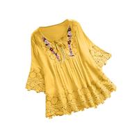 Keepink Tunic Tops for Women UK Plus Size 16-30 Cotton Linen Embroidered Top Lace V Neck 3/4 Sleeve T Shirts Summer Oversized Blouse Pullover Shirts Boho Peasant T-Shirts Trendy