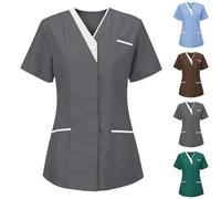 Keepink Tunic Tops for Women UK Uniform Healthcare Work Shirts Loose Dressy Casual Blouses Elegant V Neck Short Sleeve T Shirts Nurses Protective Clothing Top with Pockets Plus Size