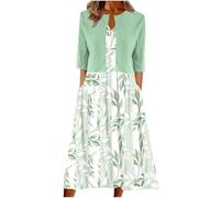 Keepink Two Piece Dress Suits for Women UK Printed V-Neck Sun Dresses with Half Sleeve Cardigan Tops Set Elegant Summer Outfits Work Office Wedding Guest Bridesmaid Dresses UK 8-16