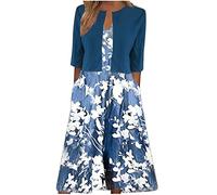 Keepink Two Piece Dress Suits for Women UK Printed V-Neck Sun Dresses with Half Sleeve Cardigan Tops Set Elegant Summer Outfits Work Office Wedding Guest Bridesmaid Dresses UK 8-16