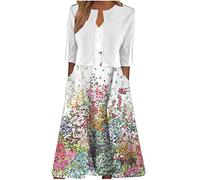 Keepink Two Piece Dress Suits for Women UK Printed V-Neck Sun Dresses with Half Sleeve Cardigan Tops Set Elegant Summer Outfits Work Office Wedding Guest Bridesmaid Dresses UK 8-16