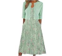 Keepink Two Piece Dress Suits for Women UK Printed V-Neck Sun Dresses with Half Sleeve Cardigan Tops Set Elegant Summer Outfits Work Office Wedding Guest Bridesmaid Dresses UK 8-16