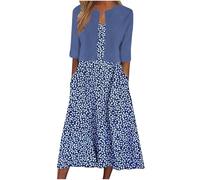 Keepink Two Piece Dress Suits for Women UK Printed V-Neck Sun Dresses with Half Sleeve Cardigan Tops Set Elegant Summer Outfits Work Office Wedding Guest Bridesmaid Dresses UK 8-16