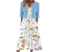 Keepink Two Piece Dress Suits for Women UK Printed V-Neck Sun Dresses with Half Sleeve Cardigan Tops Set Elegant Summer Outfits Work Office Wedding Guest Bridesmaid Dresses UK 8-16