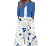 Keepink Two Piece Dress Suits for Women UK Printed V-Neck Sun Dresses with Half Sleeve Cardigan Tops Set Elegant Summer Outfits Work Office Wedding Guest Bridesmaid Dresses UK 8-16