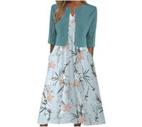 Keepink Two Piece Dress Suits for Women UK Printed V-Neck Sun Dresses with Half Sleeve Cardigan Tops Set Elegant Summer Outfits Work Office Wedding Guest Bridesmaid Dresses UK 8-16