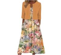 Keepink Two Piece Dress Suits for Women UK Printed V-Neck Sun Dresses with Half Sleeve Cardigan Tops Set Elegant Summer Outfits Work Office Wedding Guest Bridesmaid Dresses UK 8-16