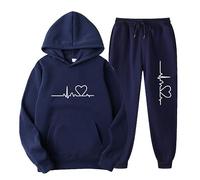 Keepink Two Piece Outfit Women Tracksuits Casual Soft Cosy Hoodies Lounge Wear Sets Loose Heartbeat Print Hoodie Sweatshirt Pullover Bottom Joggers Outfits Sweatsuits Sportwear