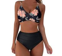 Keepink Two Pieces Bikini Sets for Women Trendy Twist Front Criss Cross Swimsuits Elegant Floral Printed Crop Top Mid Waisted Bathing Suits Comfy Slim Fit Bikini Sets