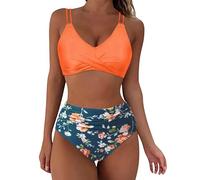 Keepink Two Pieces Bikini Sets for Women Trendy Twist Front Criss Cross Swimsuits Elegant Floral Printed Crop Top Mid Waisted Bathing Suits Comfy Slim Fit Bikini Sets