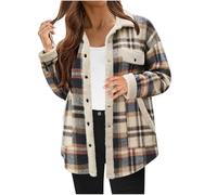 Keepink UK Womens Flannel Plaid Shacket Long Sleeve Collared Button Down Shirt Fleece Jacket with Pockets Oversized Outerwear Blouse Ladies Casual Tunic Tops Streetwear Daily
