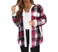 Keepink UK Womens Flannel Plaid Shacket Long Sleeve Collared Button Down Shirt Fleece Jacket with Pockets Oversized Outerwear Blouse Ladies Casual Tunic Tops Streetwear Daily