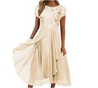Keepink Wedding Guest Dresses for Women UK Elegant Bridesmaid Dresses Short Sleeve Round Neck Dresses Lace Chiffon Mesh Waist Midi Dresses Cocktail Party Prom Dresses Clearance