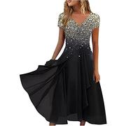 Keepink Wedding Guest Dresses for Women UK Short Sleeve Wrap Dress Chiffon Empire Waist A Line Dress Bridesmaid Dresses Occasion Evening Dress Plus Size Summer Dresses 8-22 UK Sale
