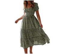 Keepink Wedding Guest Dresses for Women UK Summer Midi Floral Chiffon Dress Square Neck Short Puff Sleeve Casual Dresses A Line Boho Beach Dress Elegant Flowy Long Sundress