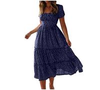 Keepink Wedding Guest Dresses for Women UK Summer Midi Floral Chiffon Dress Square Neck Short Puff Sleeve Casual Dresses A Line Boho Beach Dress Elegant Flowy Long Sundress