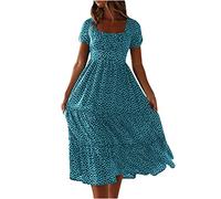 Keepink Wedding Guest Dresses for Women UK Summer Midi Floral Chiffon Dress Square Neck Short Puff Sleeve Casual Dresses A Line Boho Beach Dress Elegant Flowy Long Sundress