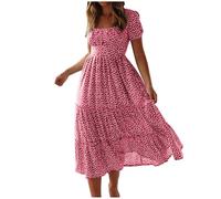 Keepink Wedding Guest Dresses for Women UK Summer Midi Floral Chiffon Dress Square Neck Short Puff Sleeve Casual Dresses A Line Boho Beach Dress Elegant Flowy Long Sundress