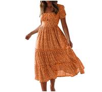 Keepink Wedding Guest Dresses for Women UK Summer Midi Floral Chiffon Dress Square Neck Short Puff Sleeve Casual Dresses A Line Boho Beach Dress Elegant Flowy Long Sundress