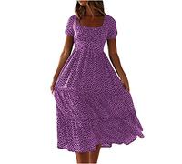 Keepink Wedding Guest Dresses for Women UK Summer Midi Floral Chiffon Dress Square Neck Short Puff Sleeve Casual Dresses A Line Boho Beach Dress Elegant Flowy Long Sundress
