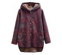 Keepink Winter Coats for Women UK Clearance Plush Thermal Buttons Long Outerwear Vintage Ethnic Floral Print Jackets Casual Linen Hoodies Warm Fleece Lined Trench Coat Plus 8-22