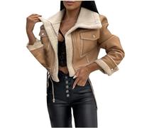 Keepink Winter Women Clothes Suede Lamb Jacket Short Motorcycle Coats Faux Shearling Sheepskin Leather Jackets Outwear Ladies Warm Tops Lapel Zipper Bomber Aviator Overcoat