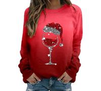 Keepink Women Christmas Sweatshirt Sparkly Red Wine Glass Print Jumpers Long Sleeve Funny Xmas Tops Classic Casual Crew Neck Pullover Sweater Elegant Loose Tunic Blouse UK Plus Size