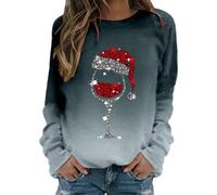 Keepink Women Christmas Sweatshirt Sparkly Red Wine Glass Print Jumpers Long Sleeve Funny Xmas Tops Classic Casual Crew Neck Pullover Sweater Elegant Loose Tunic Blouse UK Plus Size