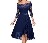 Keepink Women Dresses 3/4 Sleeve Ruffle Prom Dresses Vintage Floral Lace Chiffon Dress Elegant Midi Dress Wedding Guest Bridesmaid Dress Formal Evening Party Gowns UK