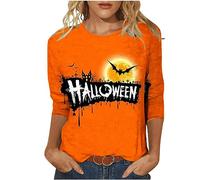 Keepink Women Halloween Jumpers 3/4 Sleeves Tops Pumpkin/Bat/Spiderweb Prints T-Shirts Pumpkin Spooky Ghost Grapghic Sweatshirts Loose Casual Round Neck Blouses Festive Tee Shirts