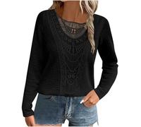 Keepink Women Jumper Elegant Lace Patchwork Waffle Knit Tops Oversized Long Sleeve Crewneck Shirts Textured Basic Sweater Business Casual Blouses Comfy Pullover Office Work T-Shirt
