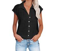 Keepink Women Linen Shirt Cap Sleeve V Neck Button Down Shirts Loose Dressy Casual Blouses Elegant Collared Tops Work Office Blouse Ladies Summer Top Going Out T-Shirts Large