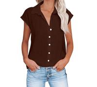 Keepink Women Linen Shirt Cap Sleeve V Neck Button Down Shirts Loose Dressy Casual Blouses Elegant Collared Tops Work Office Blouse Ladies Summer Top Going Out T-Shirts Large