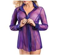 Keepink Women Lingerie Long Sleeve Button Down Shirts Sexy Mesh Sheer Tops Blouse See Through Bodydoll Lingerie Sleepshirt Pajamas Transparent Lingerie Chemise Boudoir Nightgowns