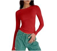 Keepink Women Long Sleeve Tops Tight Slim Fit Crop Pullover Top Solid Y2k Basic T-Shirt Fashion Casual Crew Neck Tshirt Fall Blouse Athletic Gym Tee Shirt Aesthetic Streetwear UK 6/14
