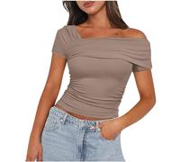 Keepink Women Off The Shoulder Tops Casual Summer Tight Blouse Boat Neck Short Sleeve Ruched Shirt Basic Slim Fitted T-Shirt Y2K Crop Going Out Top Girls' Club Party Streetwear