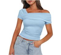 Keepink Women Off The Shoulder Tops Casual Summer Tight Blouse Boat Neck Short Sleeve Ruched Shirt Basic Slim Fitted T-Shirt Y2K Crop Going Out Top Girls' Club Party Streetwear