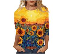 Keepink Women Tops and Blouses 3/4 Sleeve Crewneck Shirts Cute Sunflower Floral Printed Tees Tshirts Lightweight Funny Tunic T Shirts Casual Basic Pullover Tshirts Summer Fall UK 8-18