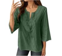 Keepink Women Tops Linen Blend V-Neck 3/4 Sleeve Shirt Summer Embroidered Boho Top Plain Oversized T Shirts Casual Vintage Blouse Breathable Cotton Casual Tunic Tees Clearance