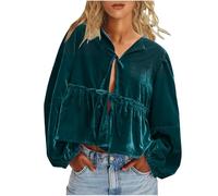 Keepink Women Tops Sexy Tie Front Velvet Shirts Baggy Solid Color V Neck Long Sleeve Blouse Trendy Y2k Jackets Going Out Cardigan Party Club Top Streetwear Size Plus S-3XL Sale