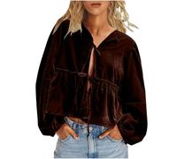 Keepink Women Tops Sexy Tie Front Velvet Shirts Baggy Solid Color V Neck Long Sleeve Blouse Trendy Y2k Jackets Going Out Cardigan Party Club Top Streetwear Size Plus S-3XL Sale