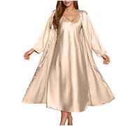 Keepink Women's 2 Piece Loungewear Sets Silk Feel Nightgown Robe Cover Up and Nighties Sleepwear Long Sleeve Satin Dressing Gown Cami Nightdresses Set for Honeymoon Travel Home Wear
