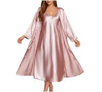 Keepink Women's 2 Piece Loungewear Sets Silk Feel Nightgown Robe Cover Up and Nighties Sleepwear Long Sleeve Satin Dressing Gown Cami Nightdresses Set for Honeymoon Travel Home Wear