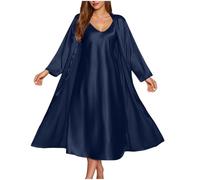 Keepink Women's 2 Piece Loungewear Sets Silk Feel Nightgown Robe Cover Up and Nighties Sleepwear Long Sleeve Satin Dressing Gown Cami Nightdresses Set for Honeymoon Travel Home Wear
