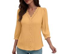 Keepink Women's 3/4 Length Sleeve Tops V Neck Dressy Casual Blouses Boho Summer Tees Shirts Solid Tshirt Loose Comfy Tunics Blouse Elegant Business Work Outfits Clearance