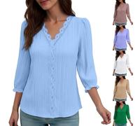 Keepink Women's 3/4 Length Sleeve Tops V Neck Dressy Casual Blouses Boho Summer Tees Shirts Solid Tshirt Loose Comfy Tunics Blouse Elegant Business Work Outfits Clearance