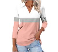 Keepink Women's 3/4 Sleeve Blouses Dressy Casual Lapel V Neck Shirts Striped Classic Casual Pullover Loose Tunic Tops Gym Athletic Tee Shirts Ladies Golf Polos Shirts Size 8-16 Sale