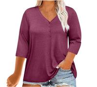 Keepink Women's 3/4 Sleeve T Shirts UK Half Button V Neck Tunic Tops Baggy Solid Tshirt Work Dressy Shirts Summer Fall Pullover Blouse Plus Size Tops for Women 18-26 Clearance